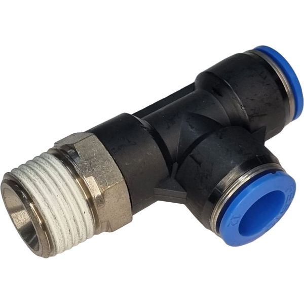 união rápida com entrada em T, conector push-in em T, conector pneumático em T, conexão para ar comprimido em T, conexão instantânea em T, conexão tipo T, engate em T, engate rápido em T, conexão T desigual, conexão roscada em T, conexão com rosca lateral